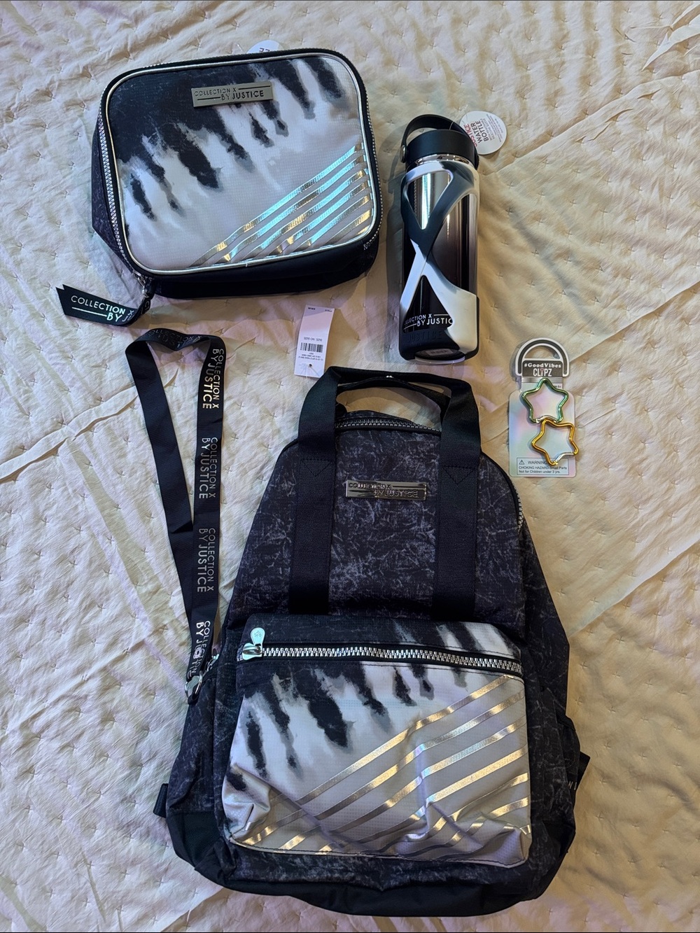 Girls Justice Black and white Backpack with lunch bag and stainless steel bottle